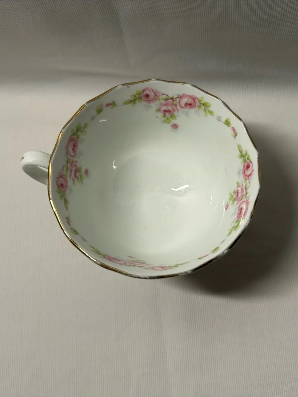 Vintage White Teacup with Pink Rose Garland and Gold Trim